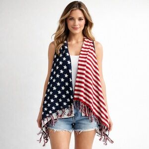 Unity World Wear Americana Flag Knit Vest Women's S Sleeveless Open Front Fringe